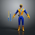 Blue And Yellow Costumed Character With Helmet Holding Two Blue Swords